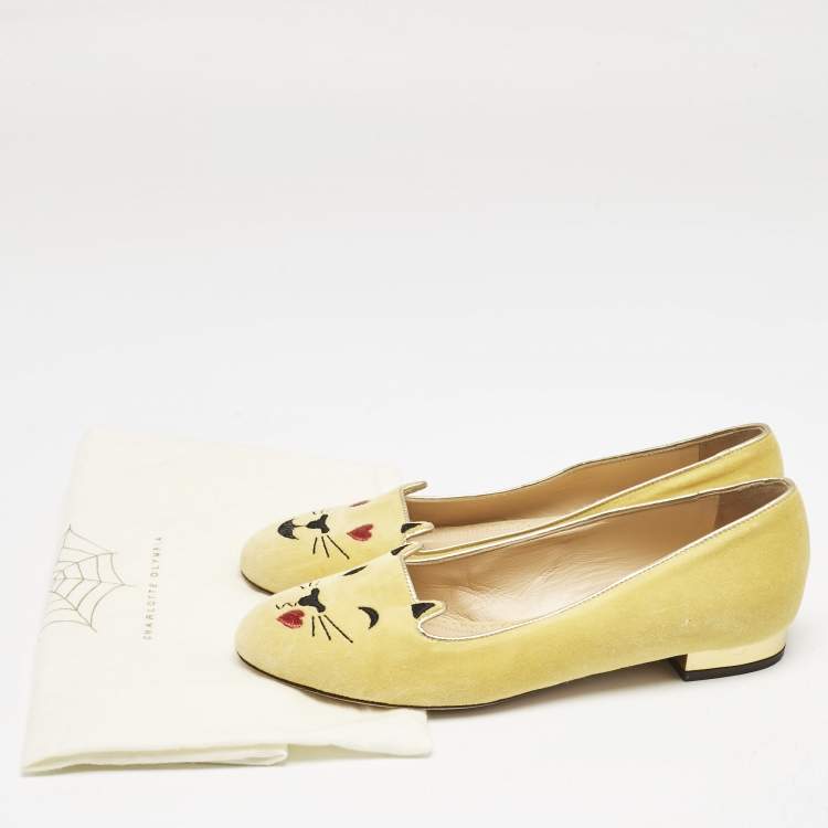 Pre Owned Charlotte Olympia Yellow Velvet Ballet Flats Size 38.5