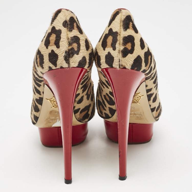 Pre Owned Charlotte Olympia Brown Leopard Print Calf Hair Polly Platform Pumps Size 38