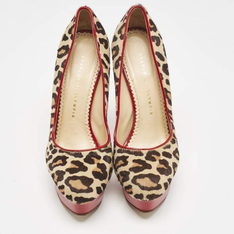Pre Owned Charlotte Olympia Brown Leopard Print Calf Hair Polly Platform Pumps Size 38