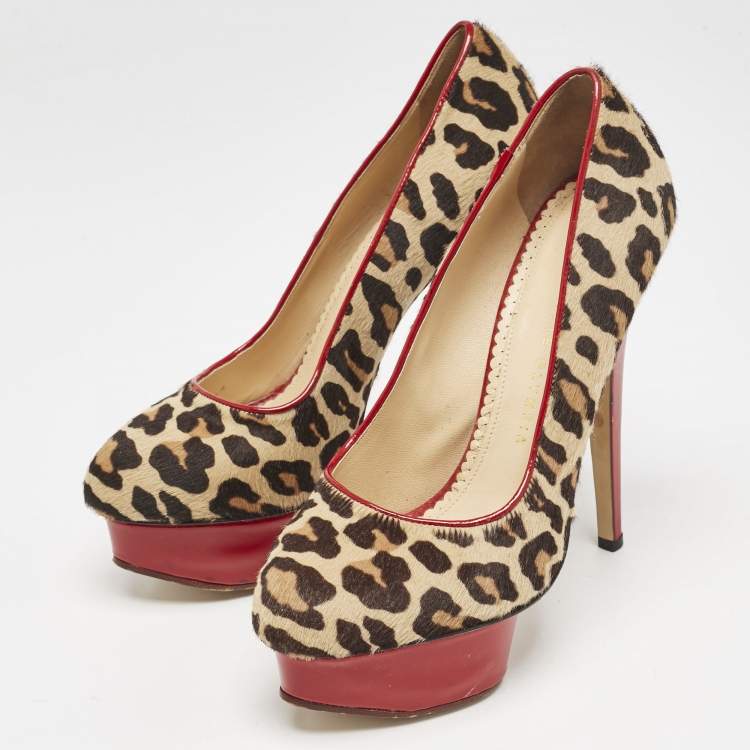 Pre Owned Charlotte Olympia Brown Leopard Print Calf Hair Polly Platform Pumps Size 38