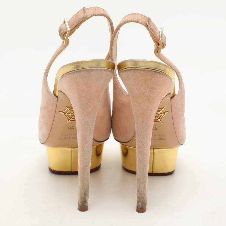 Pre Owned Charlotte Olympia Beige Suede Dolly Slingback Platform Pumps Size 38