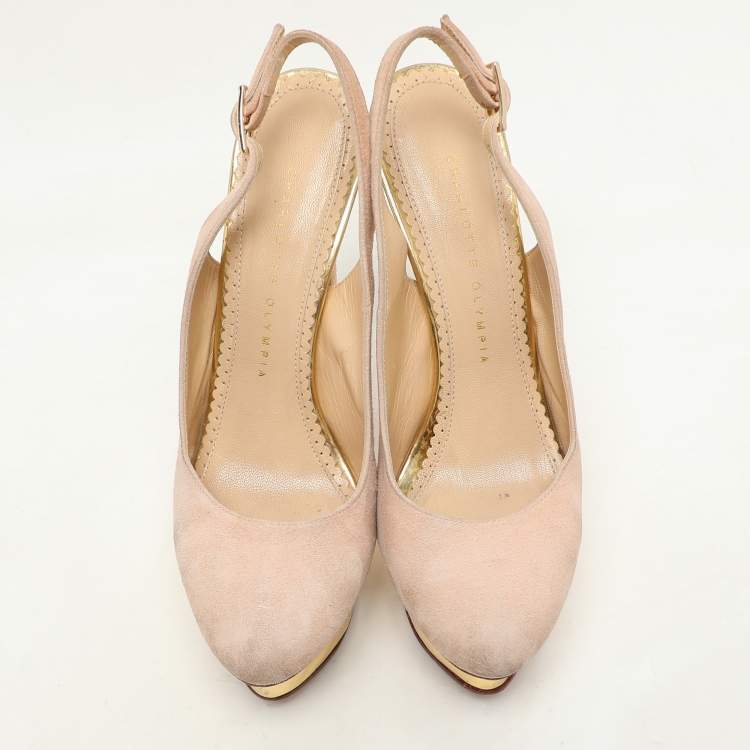 Pre Owned Charlotte Olympia Beige Suede Dolly Slingback Platform Pumps Size 38
