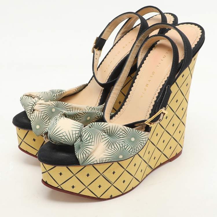 Pre Owned Charlotte Olympia Black/Green Satin Tie Ankle Strap Wedge Sandals Size 38.5