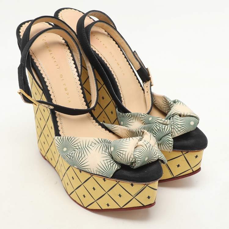 Pre Owned Charlotte Olympia Black/Green Satin Tie Ankle Strap Wedge Sandals Size 38.5