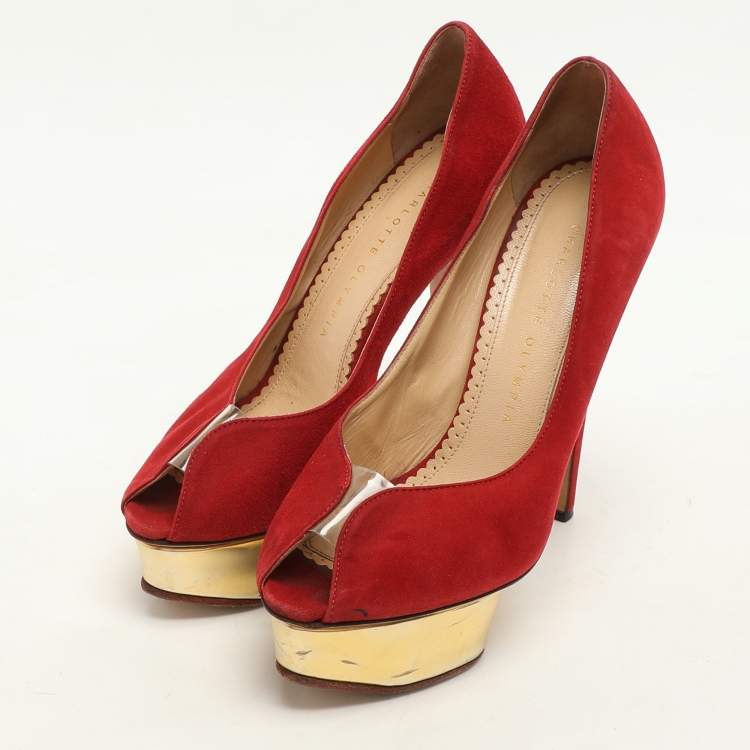 Pre Owned Charlotte Olympia Red Suede and PVC Platform Pumps Size 36