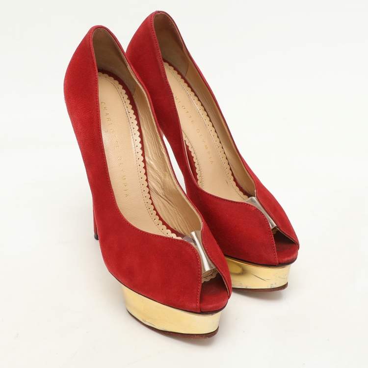 Pre Owned Charlotte Olympia Red Suede and PVC Platform Pumps Size 36