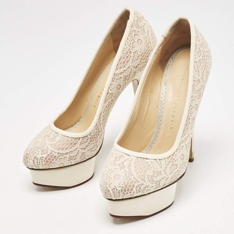 Pre Owned Charlotte Olympia Beige Lace and Fabric Polly Platform Pumps Size 37