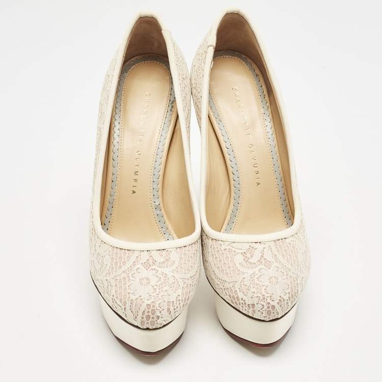 Pre Owned Charlotte Olympia Beige Lace and Fabric Polly Platform Pumps Size 37