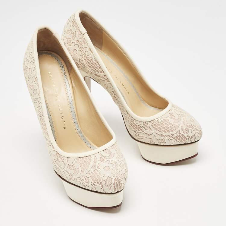 Pre Owned Charlotte Olympia Beige Lace and Fabric Polly Platform Pumps Size 37