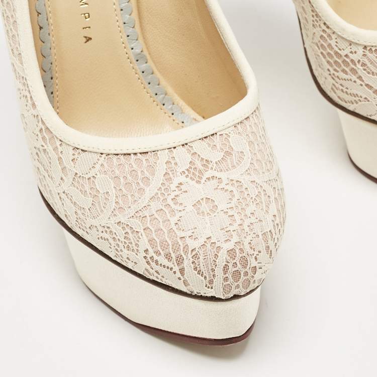 Pre Owned Charlotte Olympia Beige Lace and Fabric Polly Platform Pumps Size 37