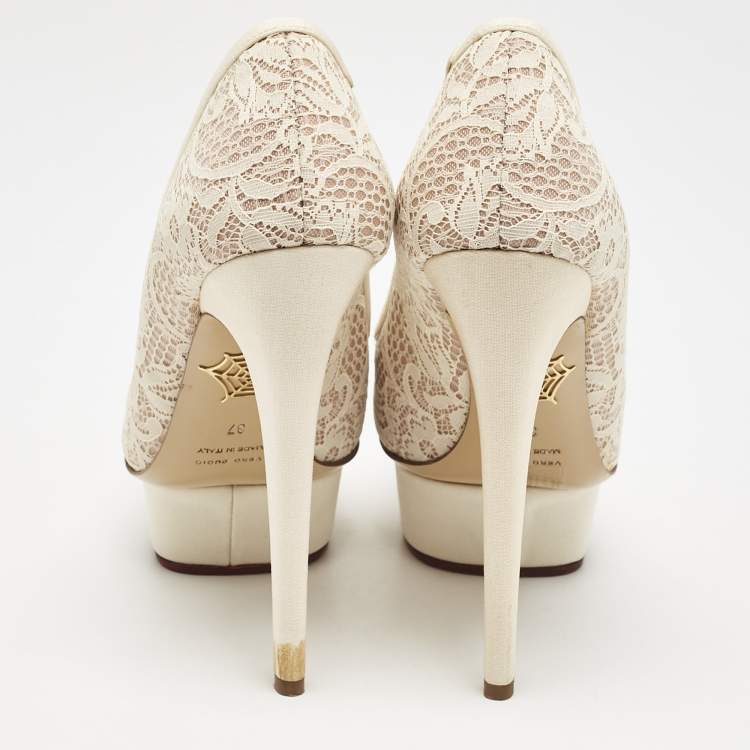 Pre Owned Charlotte Olympia Beige Lace and Fabric Polly Platform Pumps Size 37
