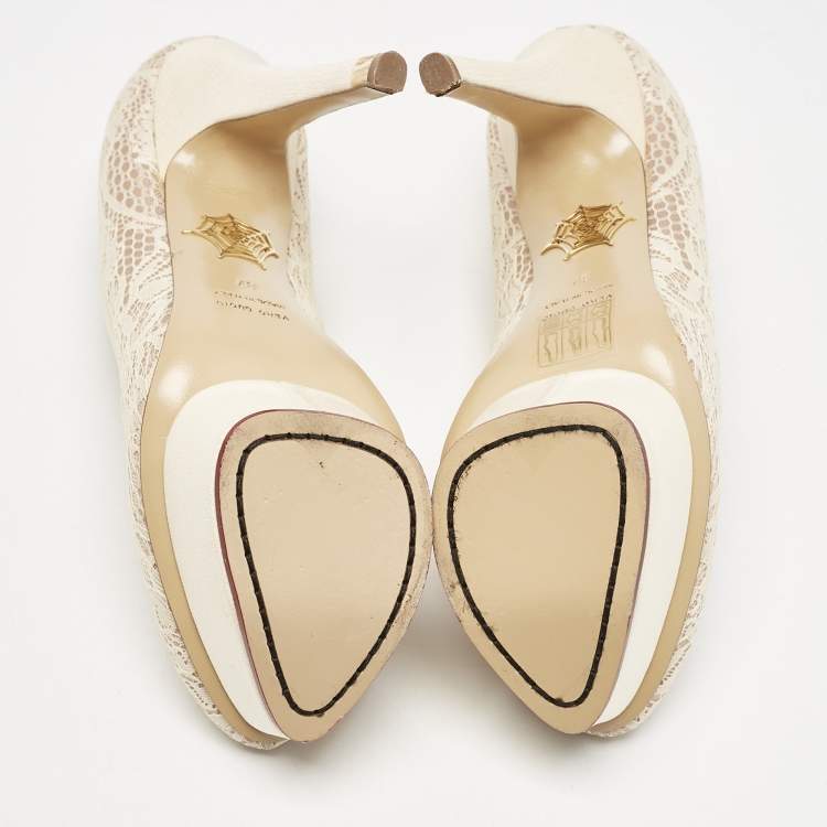 Pre Owned Charlotte Olympia Beige Lace and Fabric Polly Platform Pumps Size 37