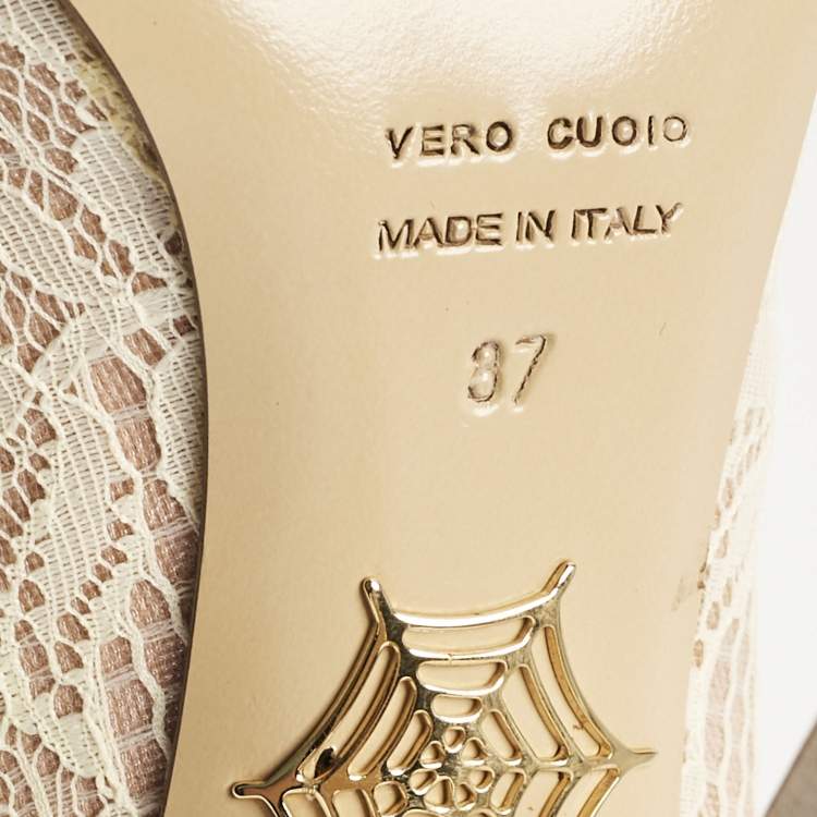 Pre Owned Charlotte Olympia Beige Lace and Fabric Polly Platform Pumps Size 37