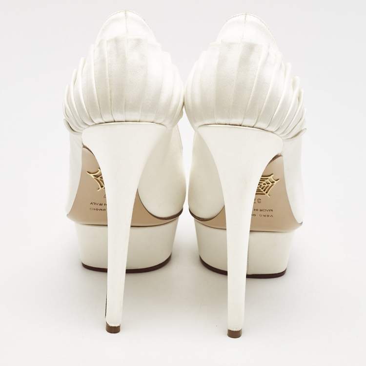 Pre Owned Charlotte Olympia White Satin Paloma Platform Pumps Size 37