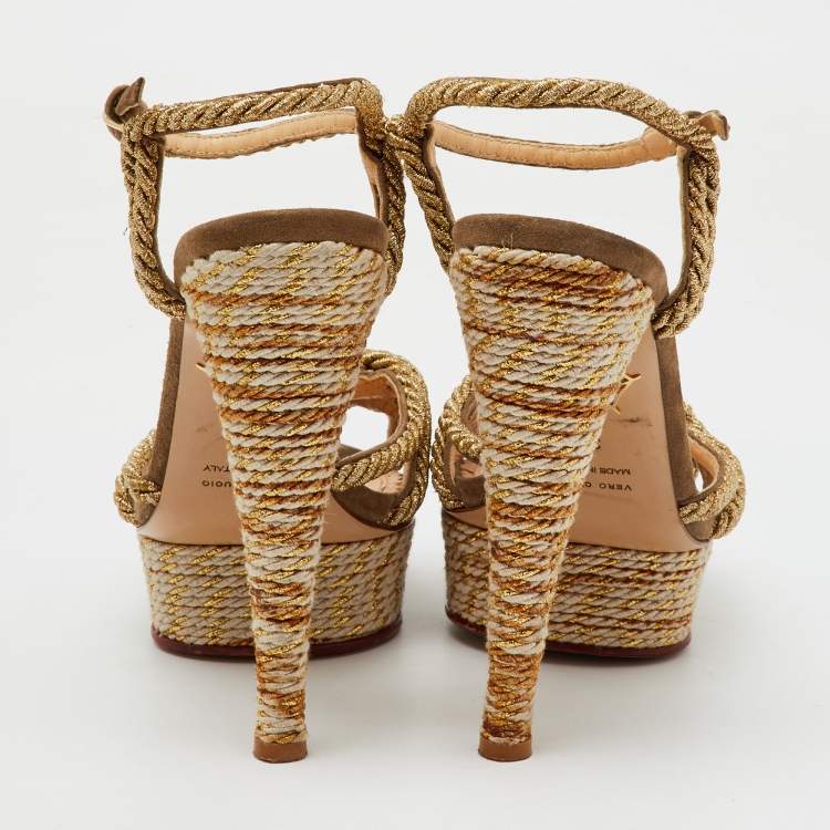 Pre Owned Charlotte Olympia Gold Metallic Rope and Suede Platform Ankle Strap Sandals Size 38
