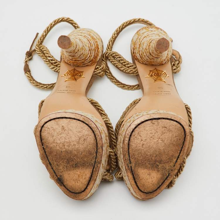 Pre Owned Charlotte Olympia Gold Metallic Rope and Suede Platform Ankle Strap Sandals Size 38