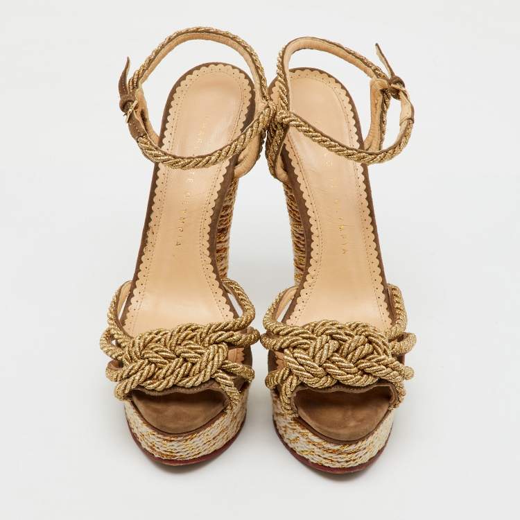 Pre Owned Charlotte Olympia Gold Metallic Rope and Suede Platform Ankle Strap Sandals Size 38