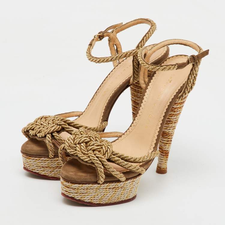 Pre Owned Charlotte Olympia Gold Metallic Rope and Suede Platform Ankle Strap Sandals Size 38
