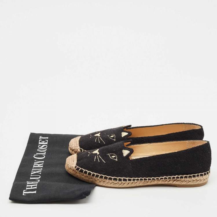 Pre Owned Charlotte Olympia Black Terry Fabric Kitty Espadrille Flats Size 38