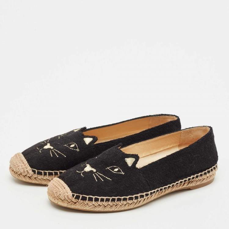 Pre Owned Charlotte Olympia Black Terry Fabric Kitty Espadrille Flats Size 38