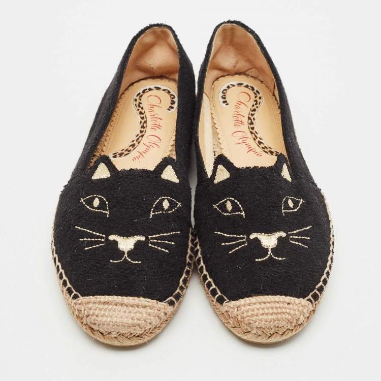 Pre Owned Charlotte Olympia Black Terry Fabric Kitty Espadrille Flats Size 38