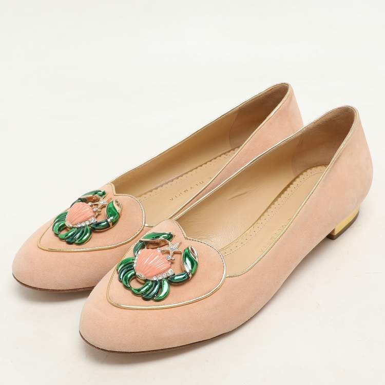 Pre Owned Charlotte Olympia Peach Suede Birthday Zodiac Cancer Ballet Flats Size 40