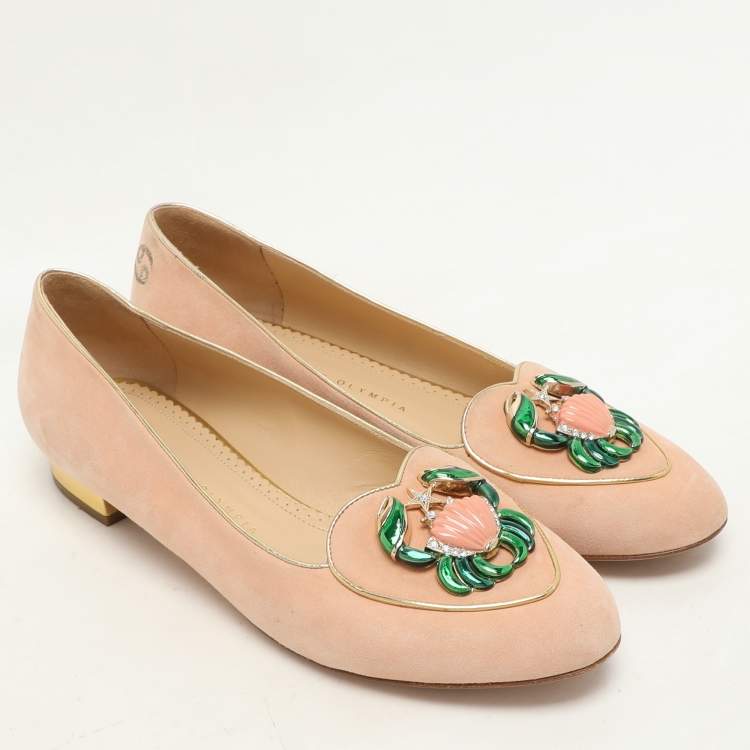 Pre Owned Charlotte Olympia Peach Suede Birthday Zodiac Cancer Ballet Flats Size 40