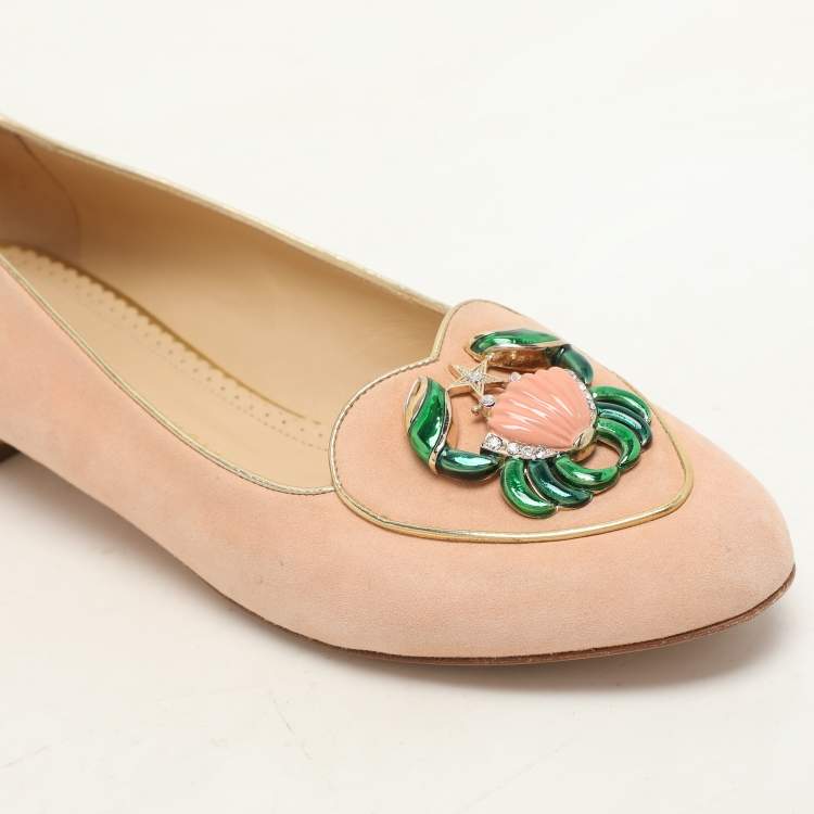 Pre Owned Charlotte Olympia Peach Suede Birthday Zodiac Cancer Ballet Flats Size 40