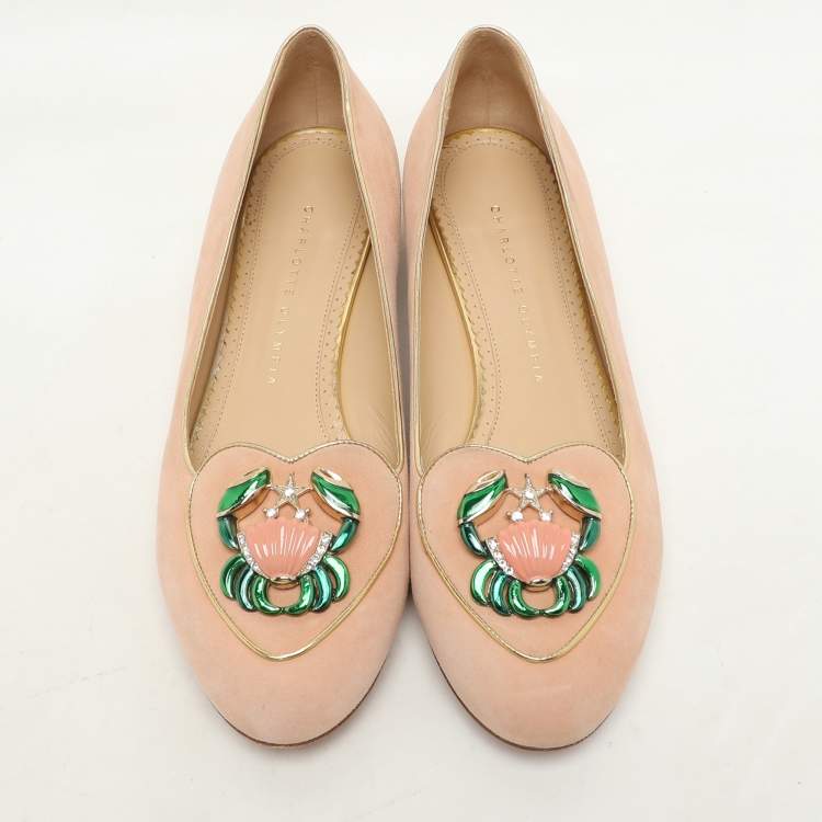 Pre Owned Charlotte Olympia Peach Suede Birthday Zodiac Cancer Ballet Flats Size 40