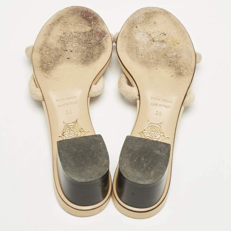 Pre Owned Charlotte Olympia Beige Fabric Knot Rope Slide Sandals Size 38