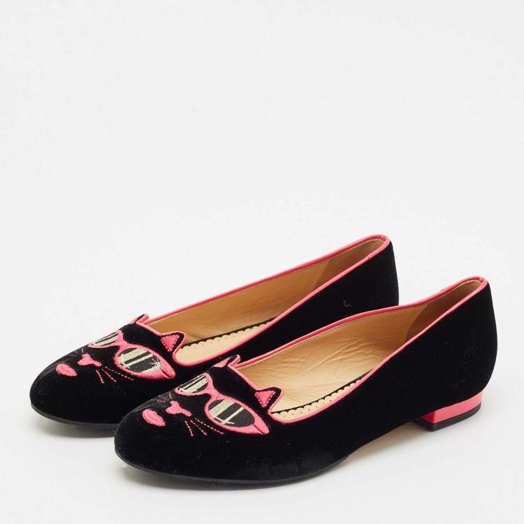 Pre Owned Charlotte Olympia x Barbie Collection Black/Pink Velvet Kitty Ballet Flats Size 37.5