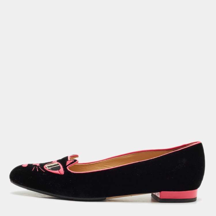 Pre Owned Charlotte Olympia x Barbie Collection Black/Pink Velvet Kitty Ballet Flats Size 37.5