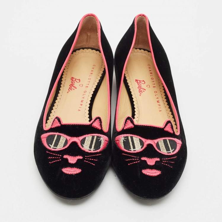 Pre Owned Charlotte Olympia x Barbie Collection Black/Pink Velvet Kitty Ballet Flats Size 37.5