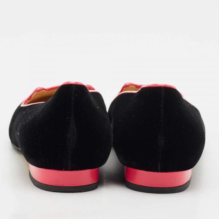 Pre Owned Charlotte Olympia x Barbie Collection Black/Pink Velvet Kitty Ballet Flats Size 37.5