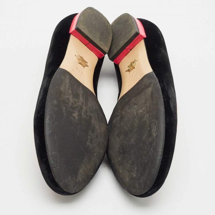 Pre Owned Charlotte Olympia x Barbie Collection Black/Pink Velvet Kitty Ballet Flats Size 37.5