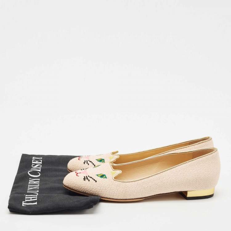 Pre Owned Charlotte Olympia Pink/Gold Canvas Kitty Ballet Flats Size 37.5
