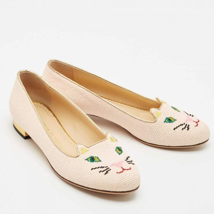 Pre Owned Charlotte Olympia Pink/Gold Canvas Kitty Ballet Flats Size 37.5
