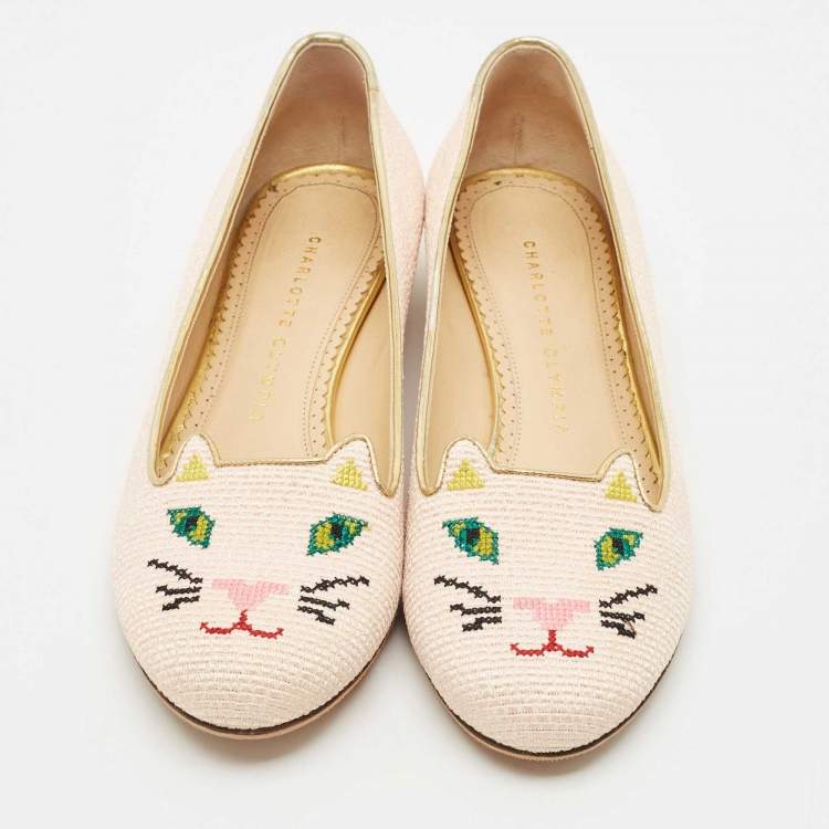 Pre Owned Charlotte Olympia Pink/Gold Canvas Kitty Ballet Flats Size 37.5