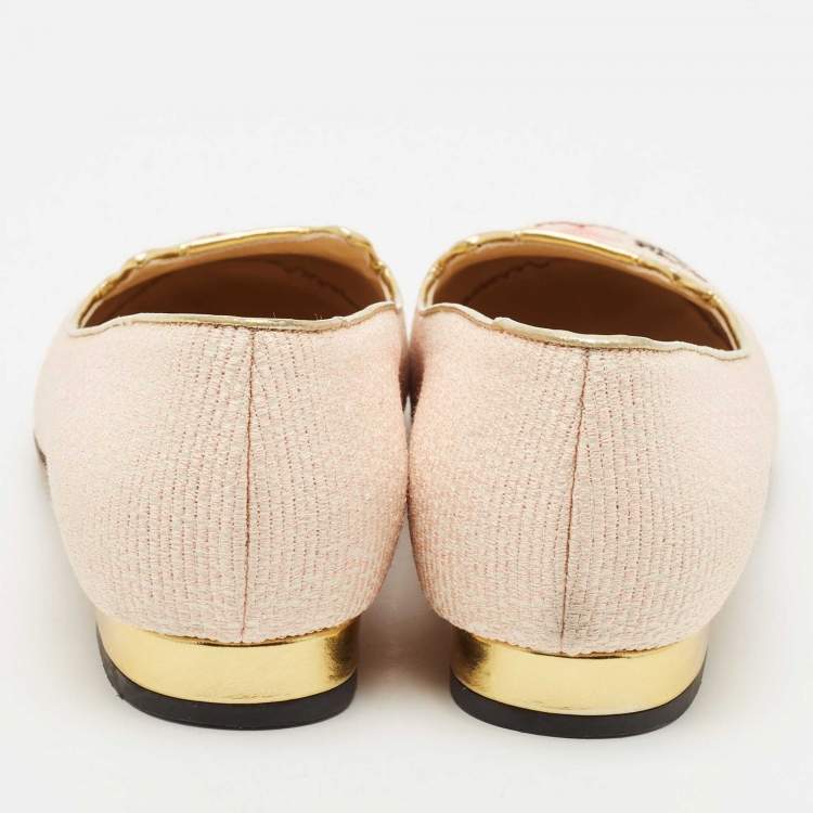 Pre Owned Charlotte Olympia Pink/Gold Canvas Kitty Ballet Flats Size 37.5