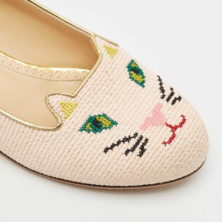Pre Owned Charlotte Olympia Pink/Gold Canvas Kitty Ballet Flats Size 37.5