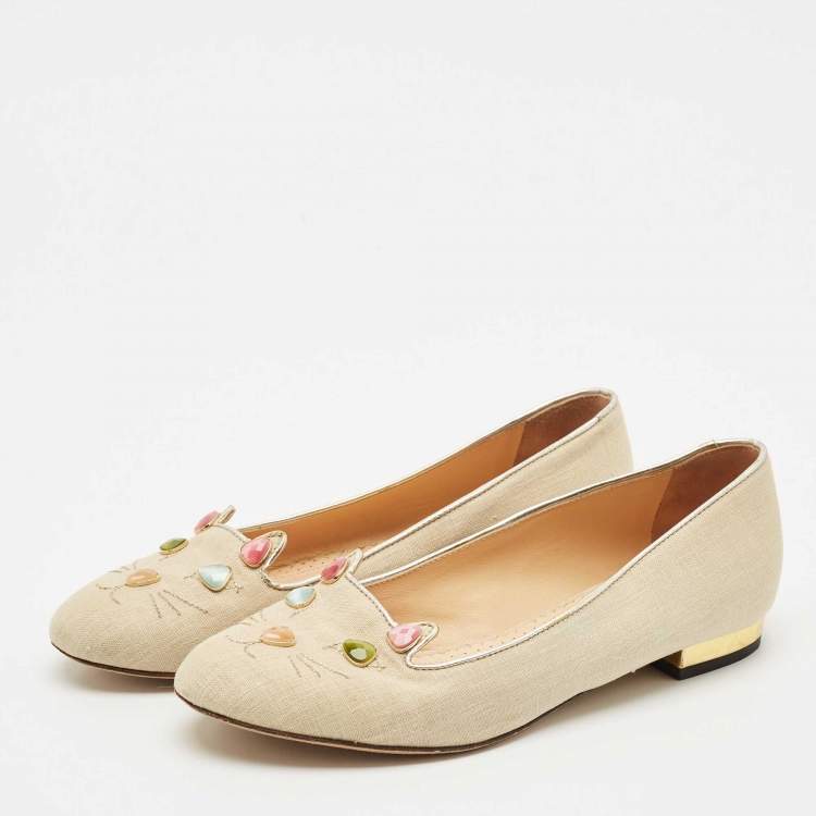 Pre Owned Charlotte Olympia Light Gold Fabric Kitty Crystals Ballet Flats Size 37.5