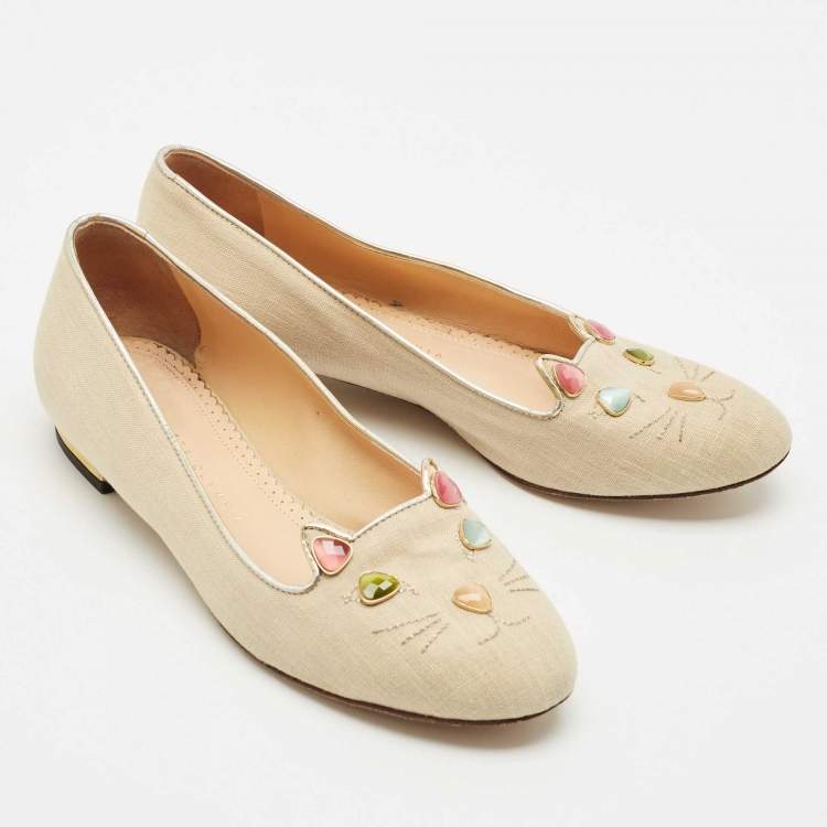 Pre Owned Charlotte Olympia Light Gold Fabric Kitty Crystals Ballet Flats Size 37.5