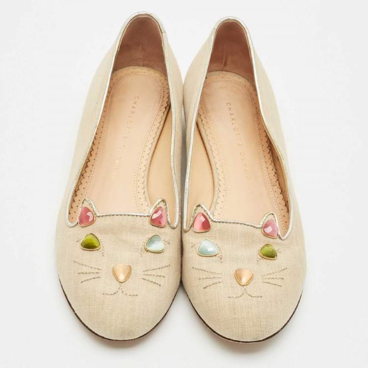 Pre Owned Charlotte Olympia Light Gold Fabric Kitty Crystals Ballet Flats Size 37.5