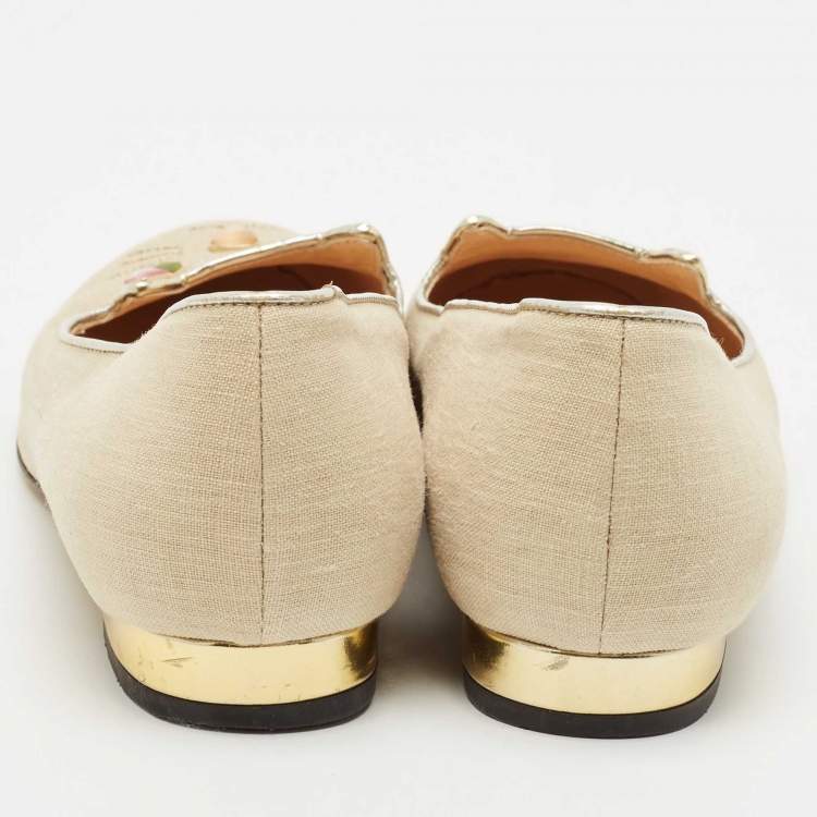 Pre Owned Charlotte Olympia Light Gold Fabric Kitty Crystals Ballet Flats Size 37.5