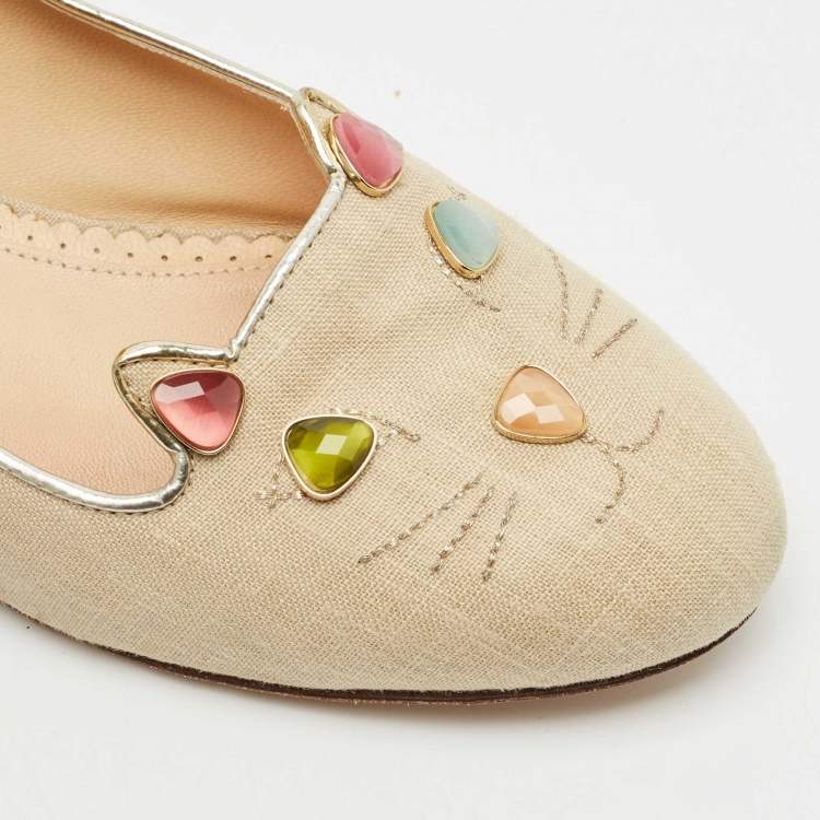 Pre Owned Charlotte Olympia Light Gold Fabric Kitty Crystals Ballet Flats Size 37.5
