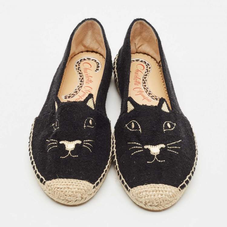 Pre Owned Charlotte Olympia Black Canvas Kitty Espadrille Flats Size 38