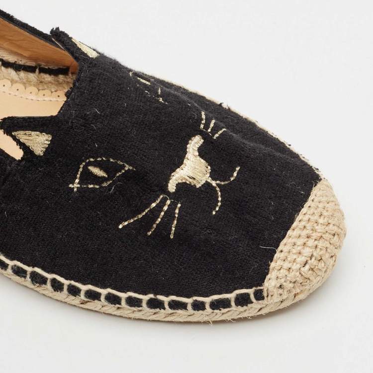 Pre Owned Charlotte Olympia Black Canvas Kitty Espadrille Flats Size 38