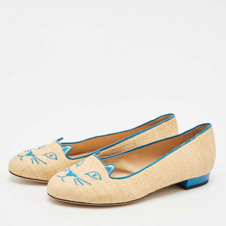 Pre Owned Charlotte Olympia Cream/Blue Raffia Kitty Ballet Flats Size 38