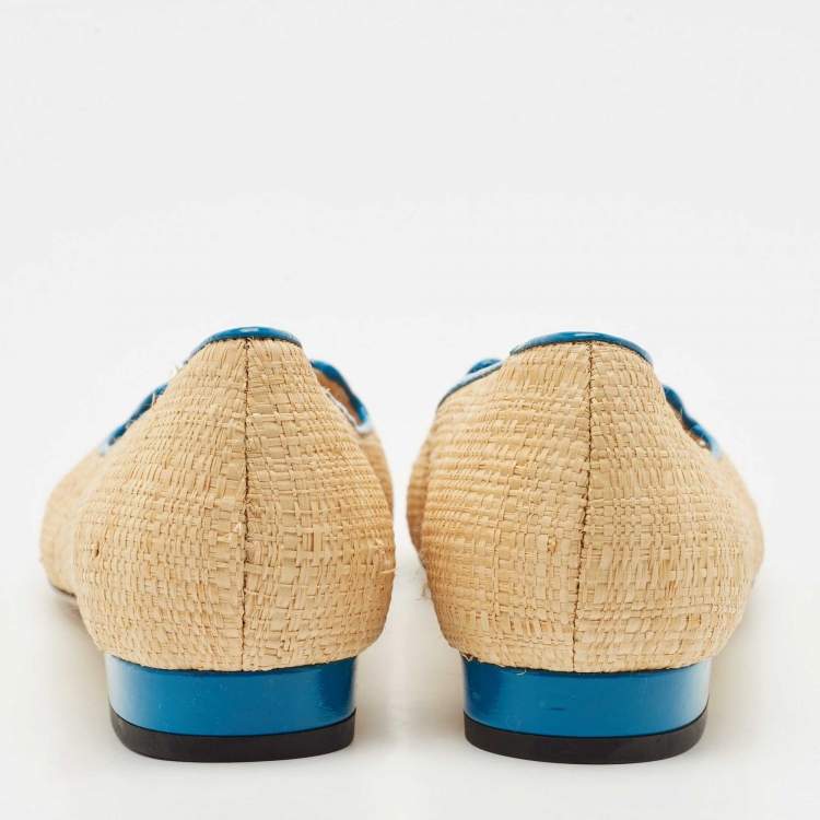 Pre Owned Charlotte Olympia Cream/Blue Raffia Kitty Ballet Flats Size 38