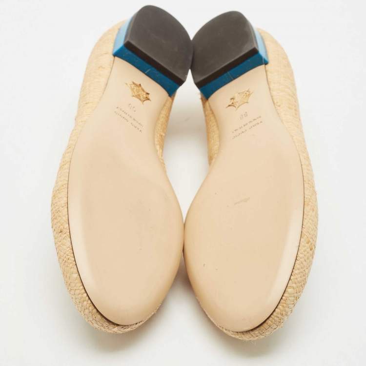 Pre Owned Charlotte Olympia Cream/Blue Raffia Kitty Ballet Flats Size 38